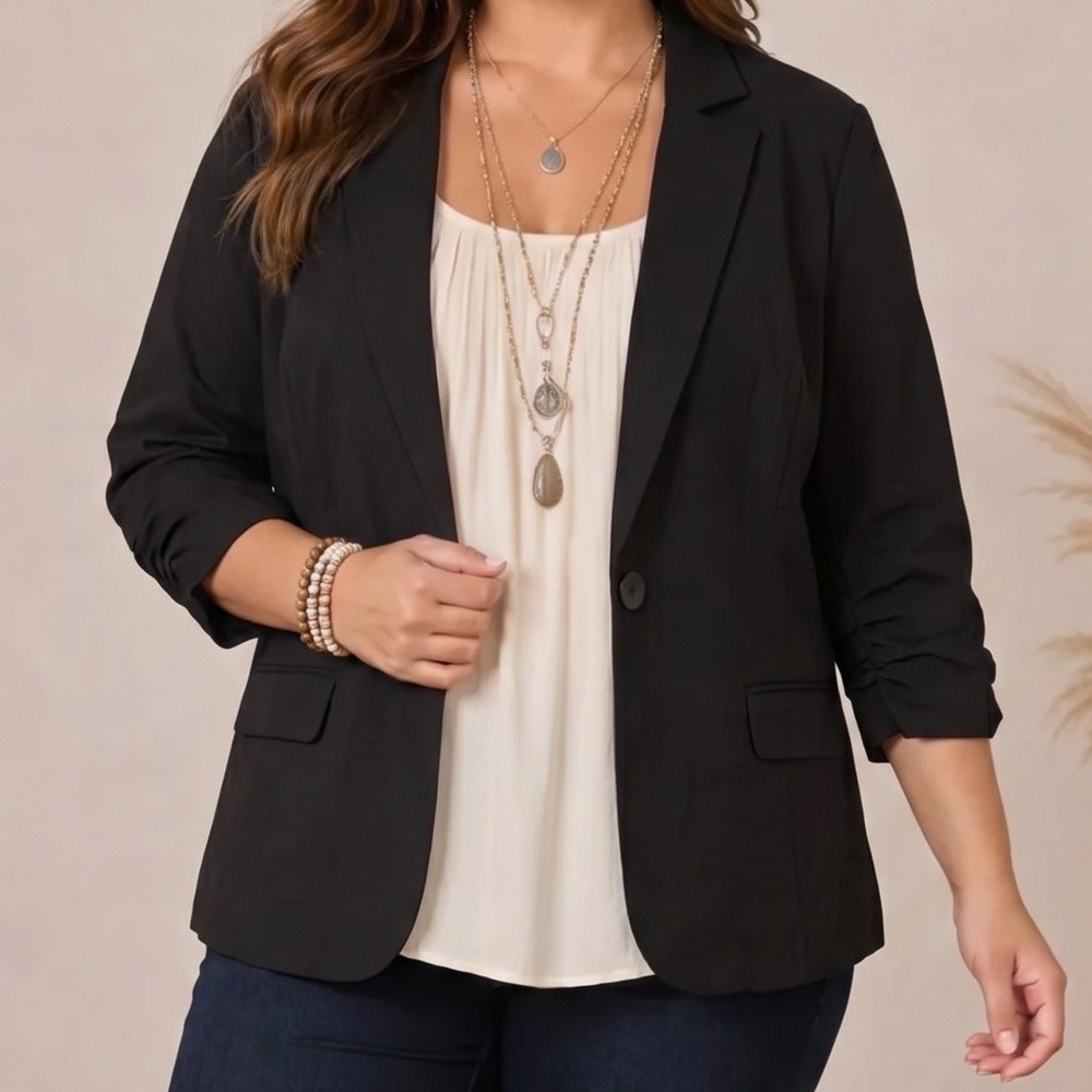 Torrid Studio Lexington Blazer Black Millennium Stretch Ruched 3/4 Sleeve 00 NEW